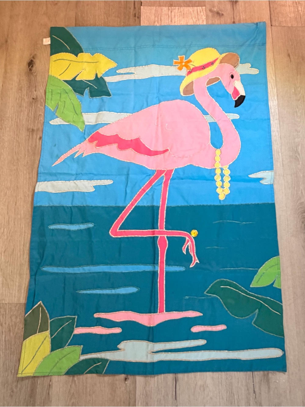Evergreen Applique House Flag Pink Flamingo Tropical Sun Hat Summer Beach 29"x44
